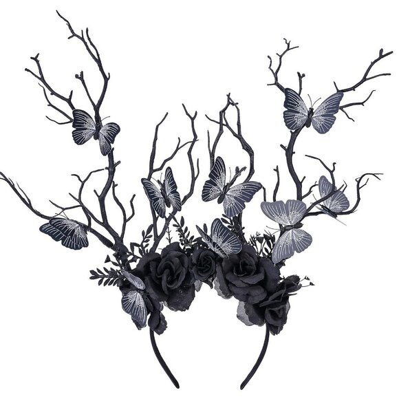 Black Butterfly Branch Headband Handcrafted Woodland Gothic Hair Accessory